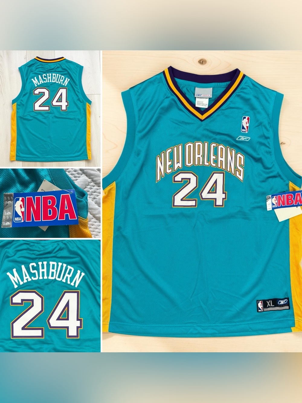 Vtg 90s Deadstock Jamal Mashburn New Orleans Hornets NBA Youth Reebok Jersey XL